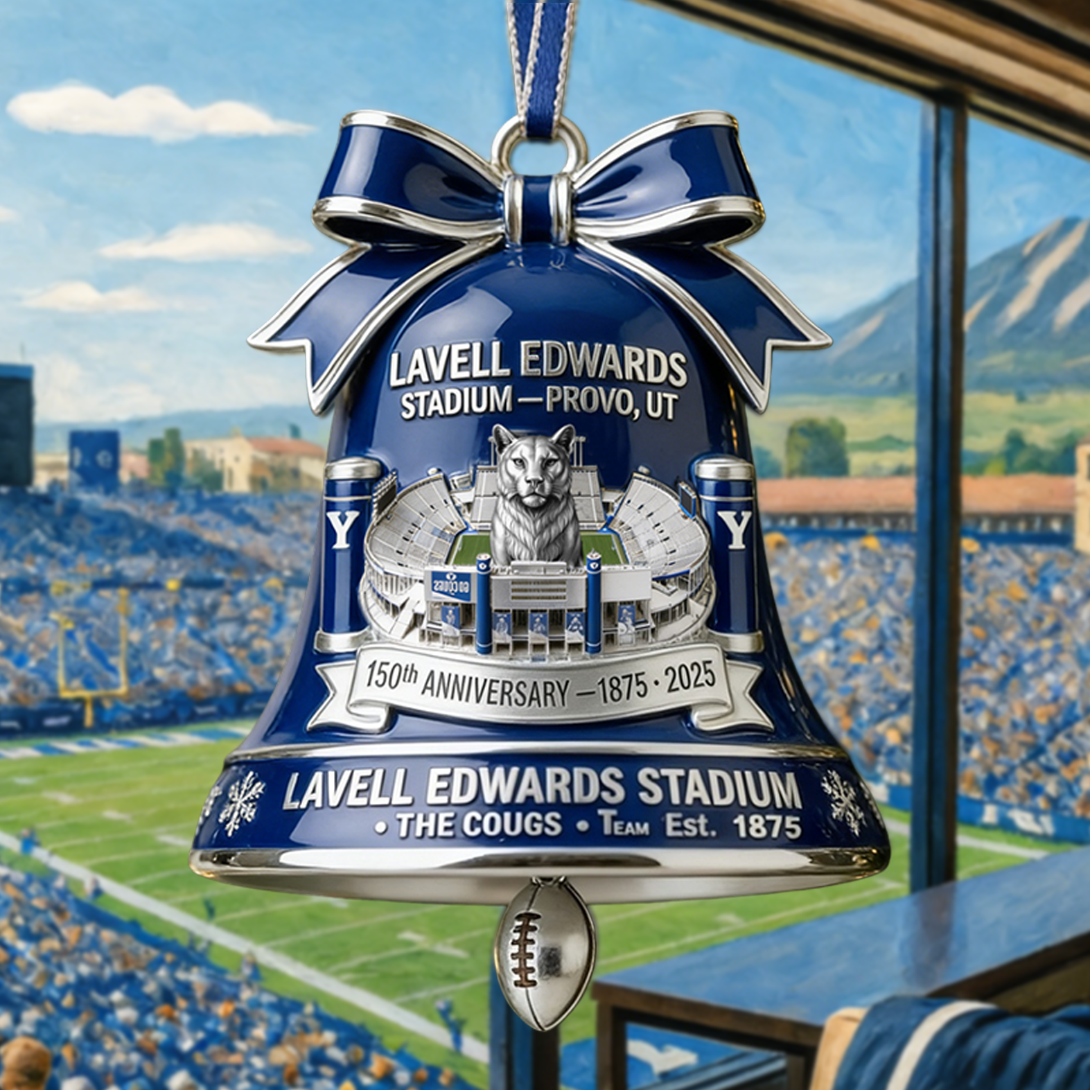 BYU Lavell Edwards Stadium 150th Anniversary Bell Ornament