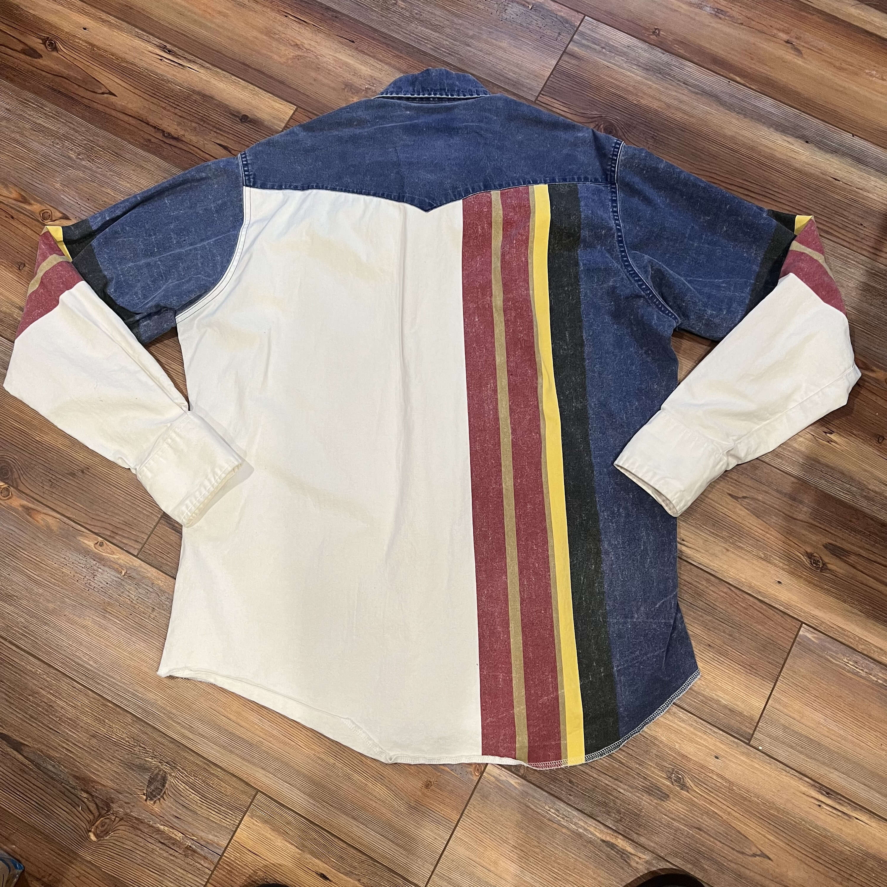 Men's Western Fashion Blue Green Yellow Striped Long Sleeve Shirt