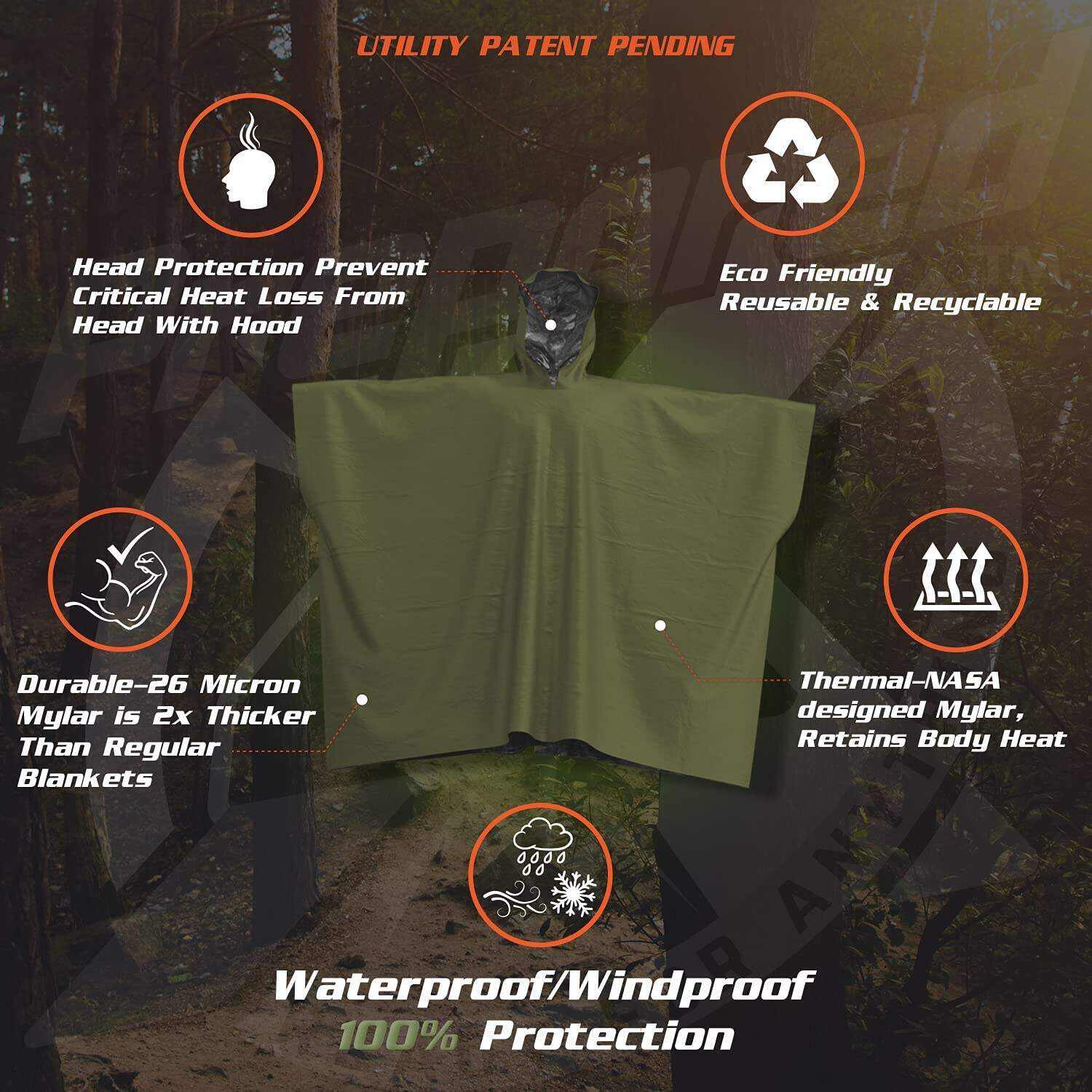 PREPARED4X Emergency Rain Poncho with Mylar Blanket Liner - Survival Blankets for Car - Heavy Duty, Waterproof Camping Gear, Tactical Prepper Supplies