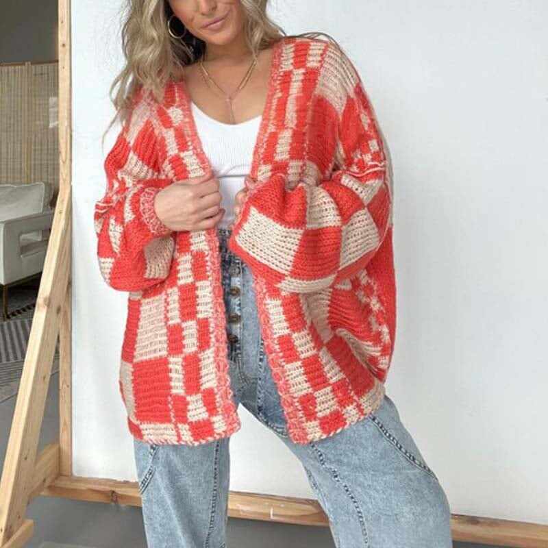 💖 Women's Checkered Open Front Cardigan
