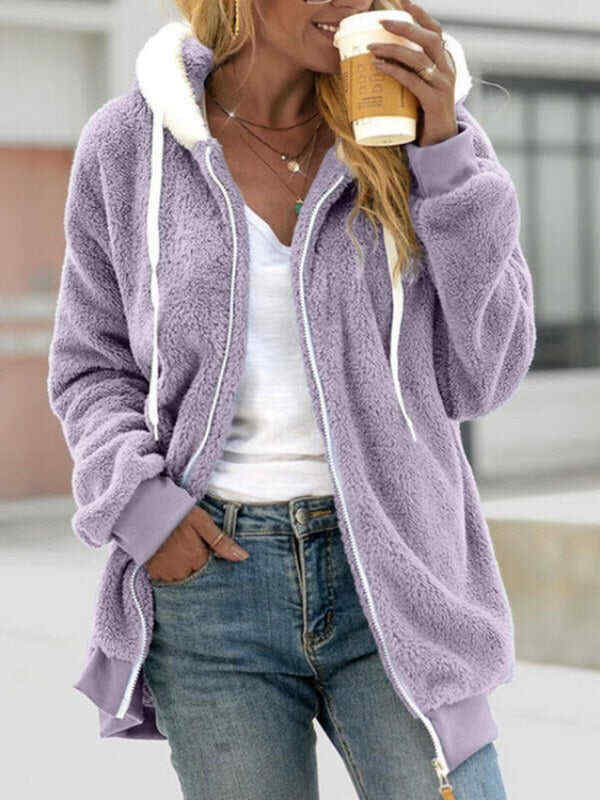 Zipper Up Drawstring Hooded Loose Plush Jacket(⚡Clearance Sale)