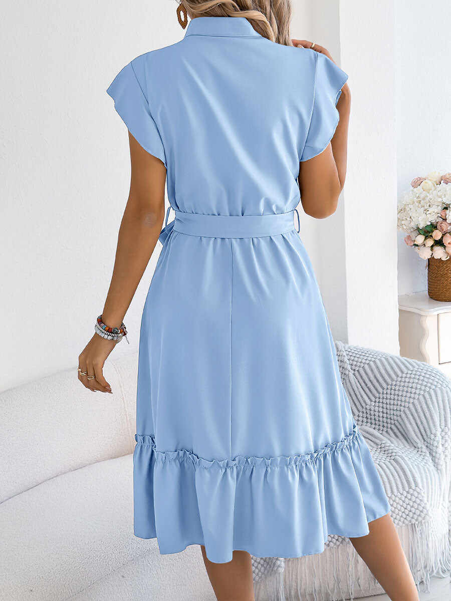 🔥Summer Arrivals🌟Women's Casual Stand-up Collar Ruffled Tie Waist Shirt Dress