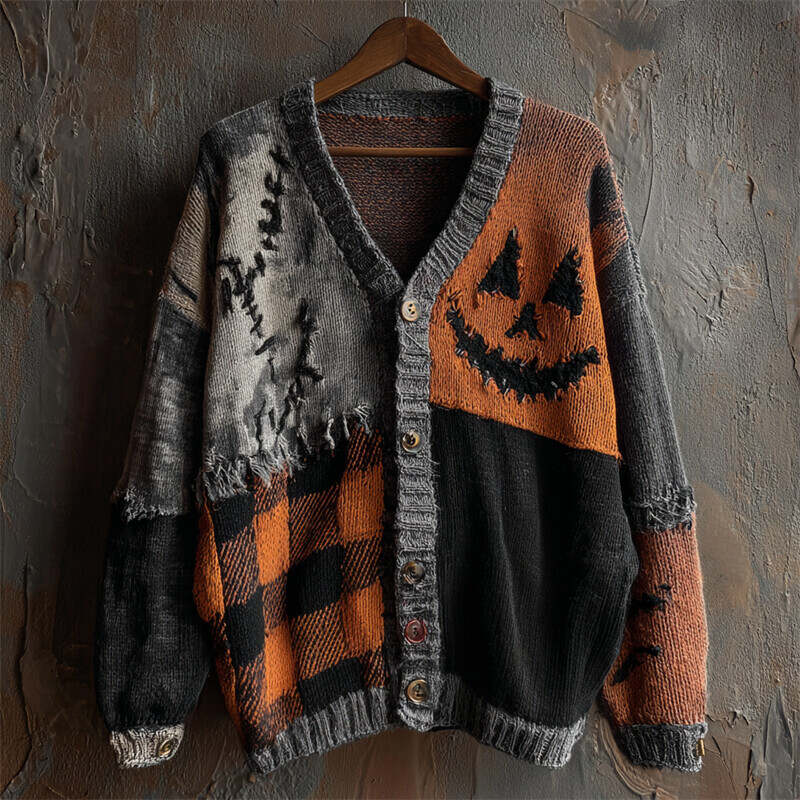 Halloween Pumpkin Face Plaid Patchwork Cozy Knit Cardigan