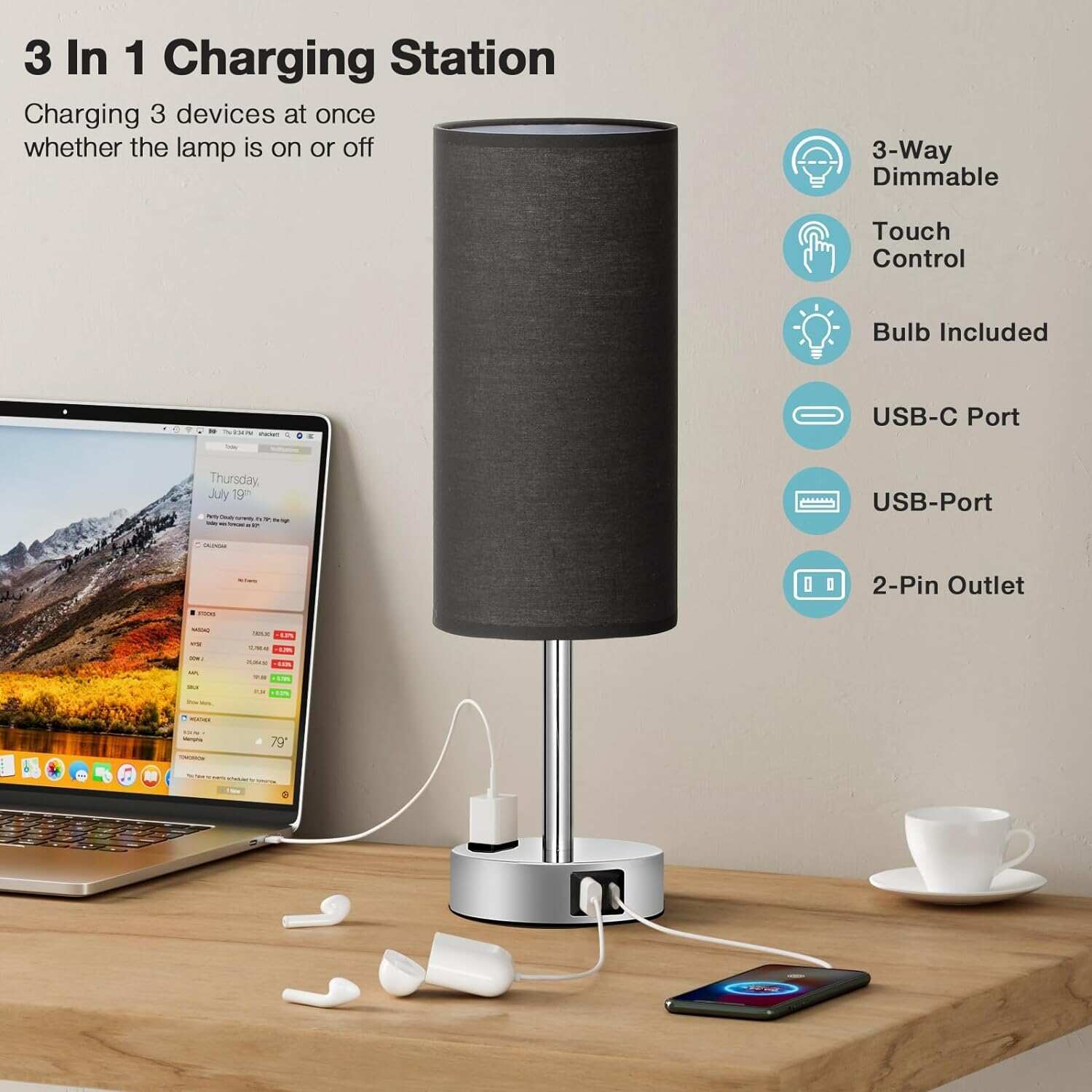 Bedside Table Lamp for Bedroom - 3 Way Dimmable Touch Lamp USB C Charging Ports and AC Outlet, Small Lamp Wood Base Round Flaxen Fabric Shade for Living Room, Desk, LED Bulb Included