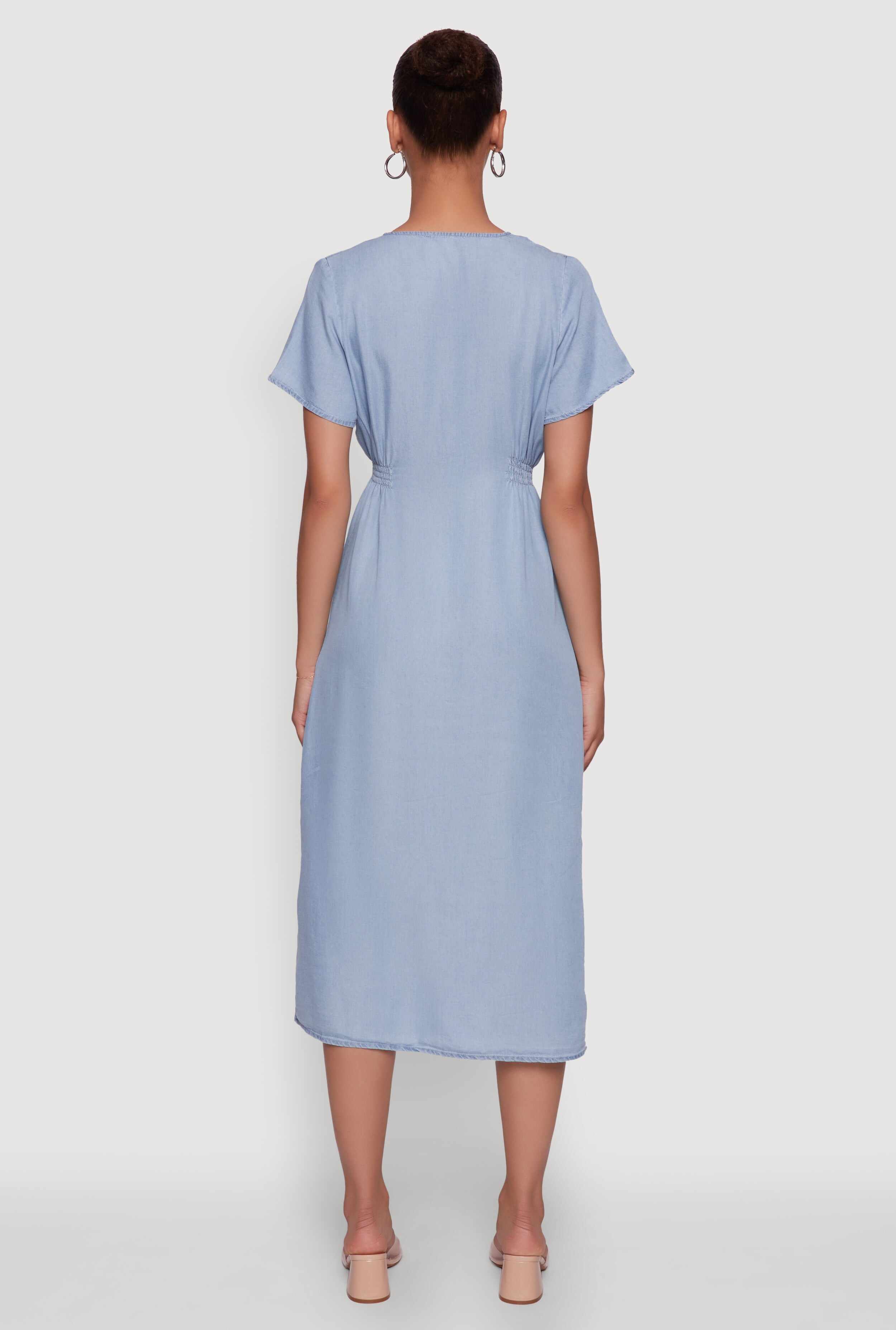 Chic Short Sleeve V-Neck Shirt Dress with Button Front