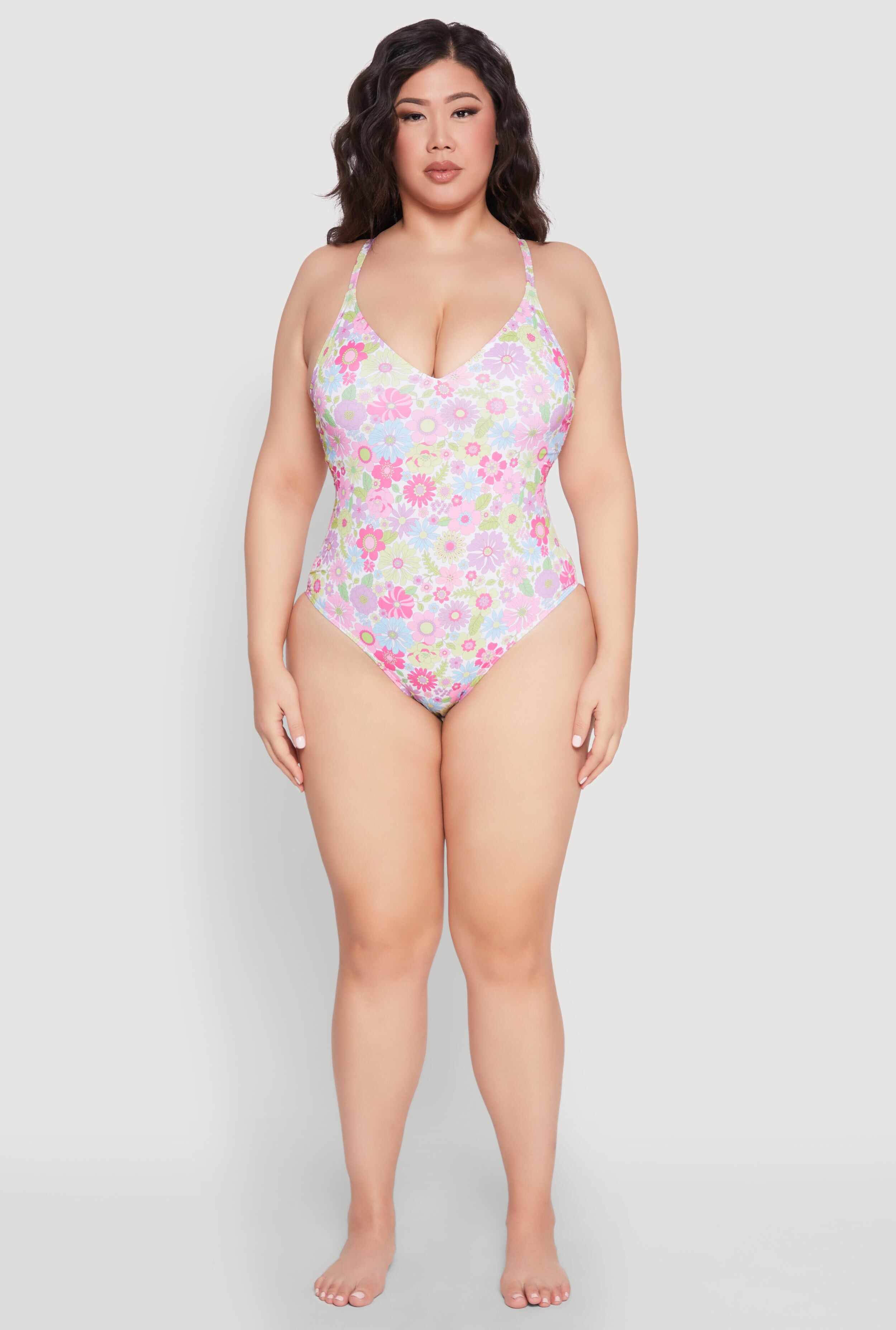 Plus Size Flower Print One Piece Swimsuit