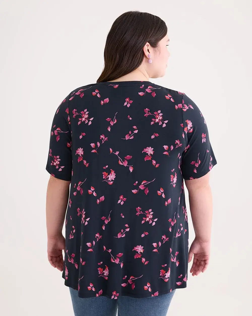 Printed Elbow-Sleeve Sweetheart Swing Top