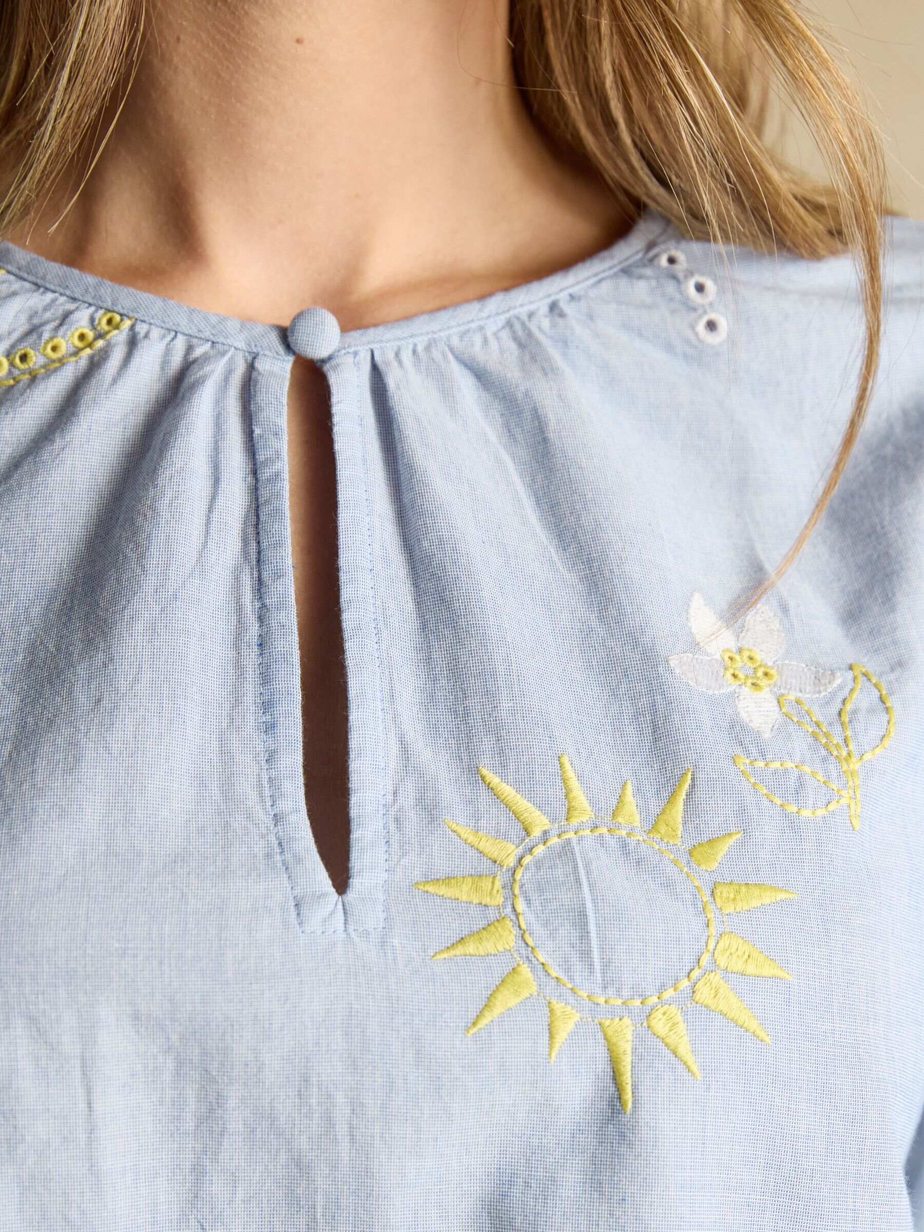 Soraya Blue & Yellow Embroidered Chambray Blouse