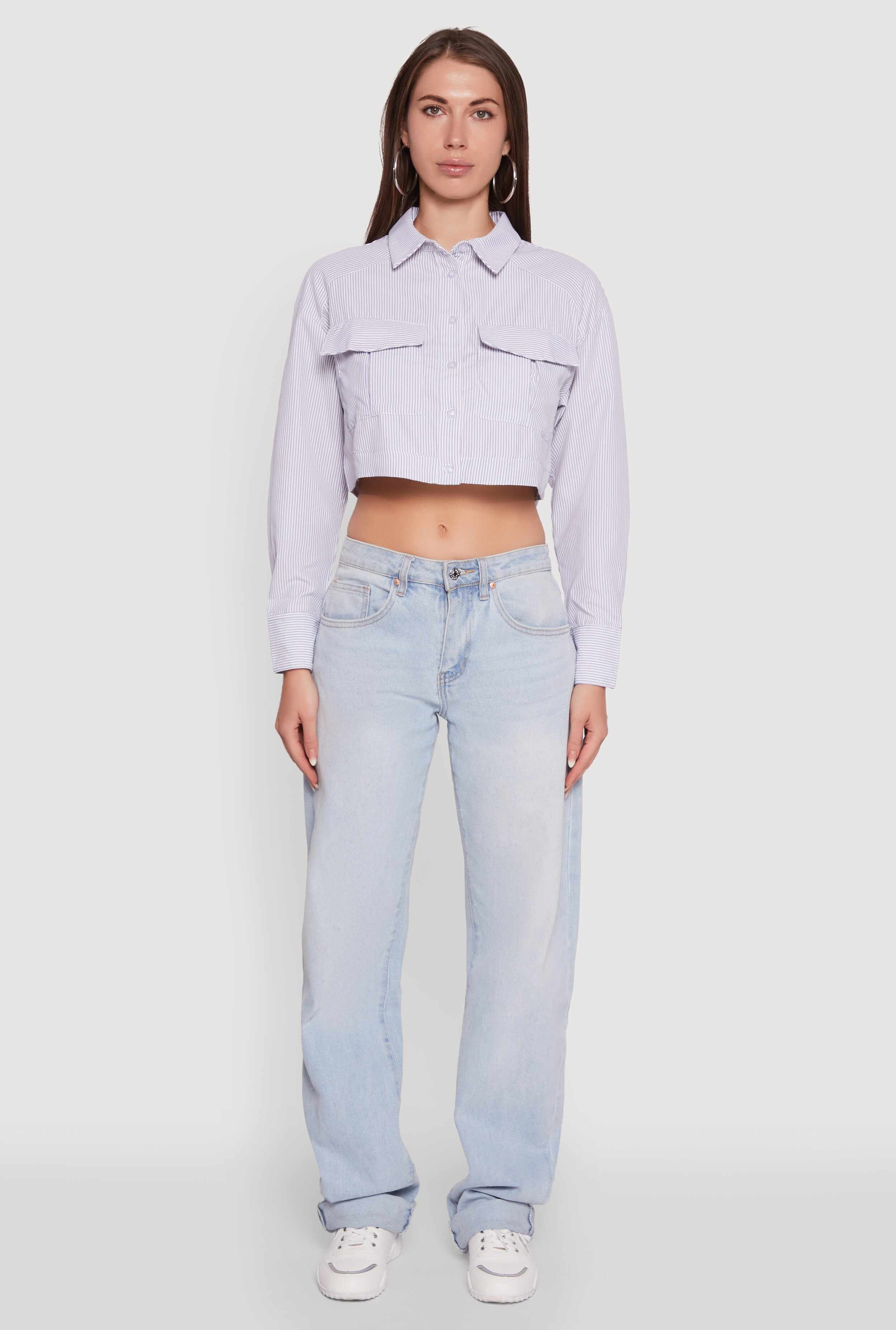 Haute Monde Striped Long Sleeve Cropped Shirt