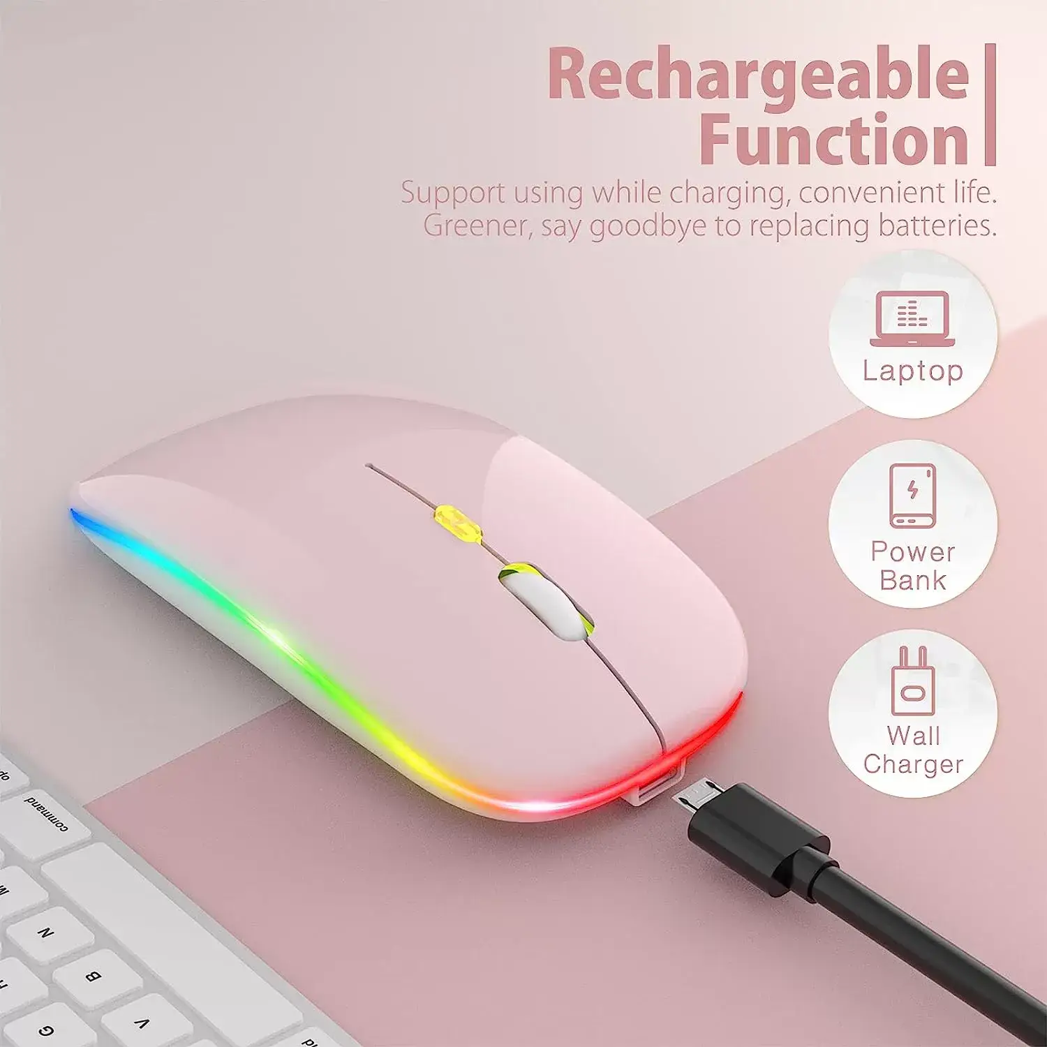[Upgrade] LED Wireless Mouse, Slim Silent Mouse 2.4G Portable Mobile Optical Office Mouse with USB & Type-c Receiver, 3 Adjustable DPI Levels for Notebook, PC, Laptop, Computer, MacBook (Pink)