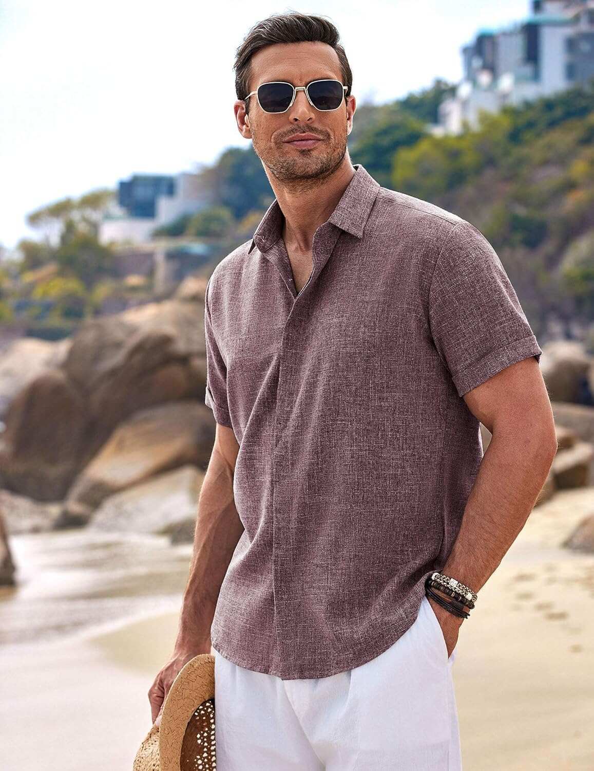 Men's Linen Shirts Short Sleeve Casual Shirts Button Down Shirt for Men Beach Summer Wedding Shirt