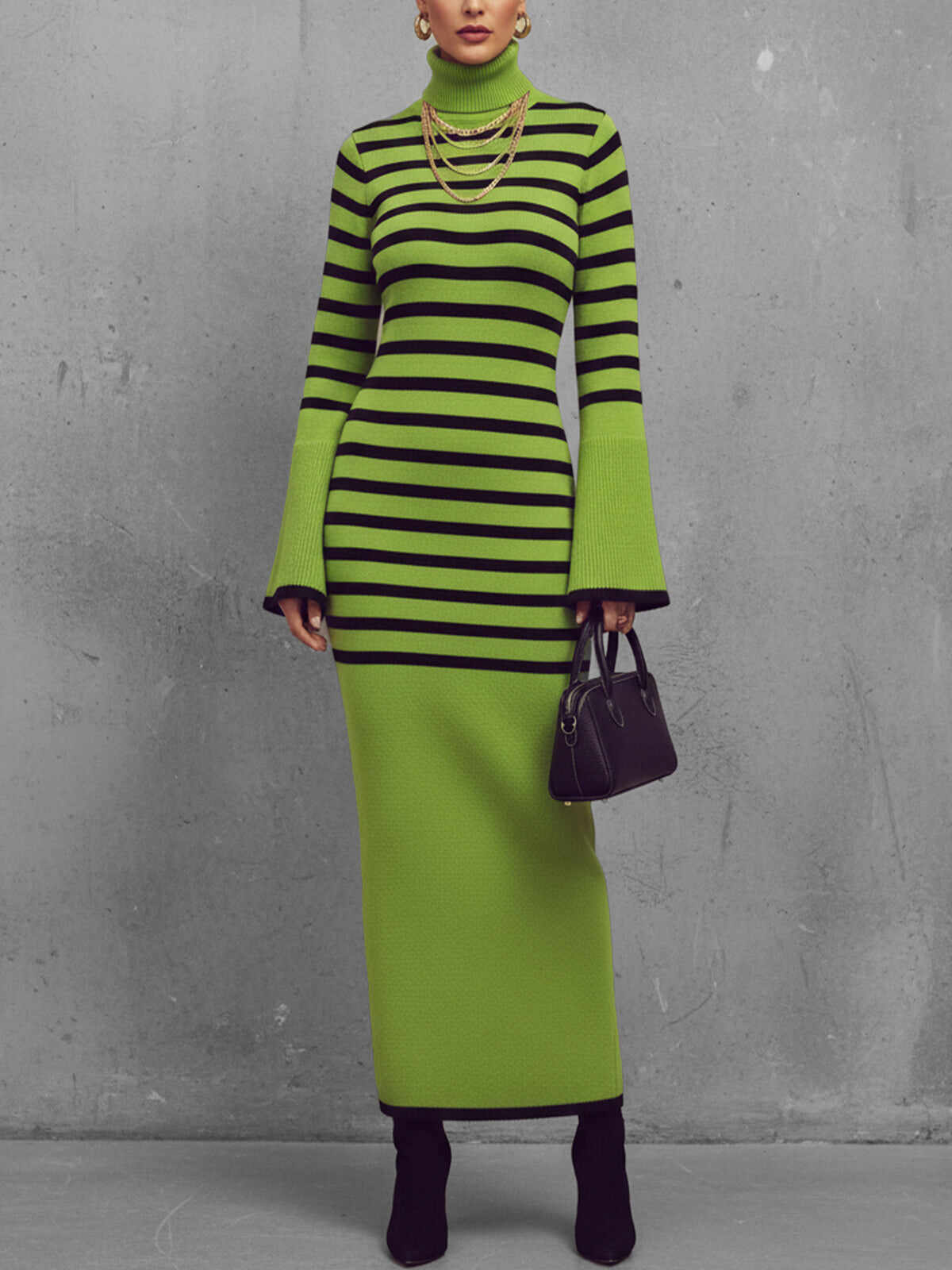 Green And Black Striped Turtleneck Maxi Dress With Bell Sleeves