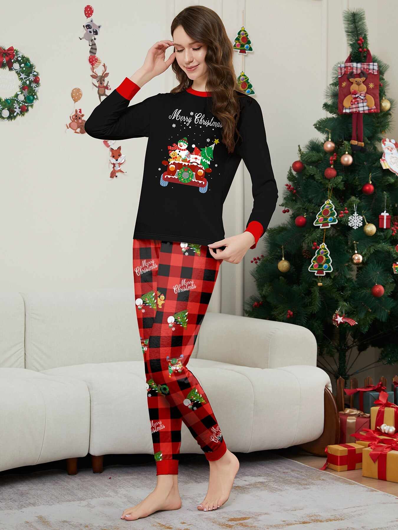 Car Snowman Printed Family Matching Christmas Pajamas Sets