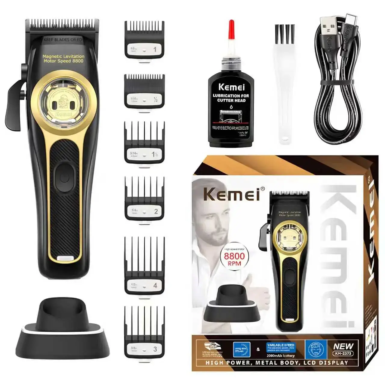 Electric Hair Trimmer Km-2373, USB Charging Carving Hair Clipper with Base, Professional Salon Barber Tool, High Precision Grooming Kit, Suspended Motor