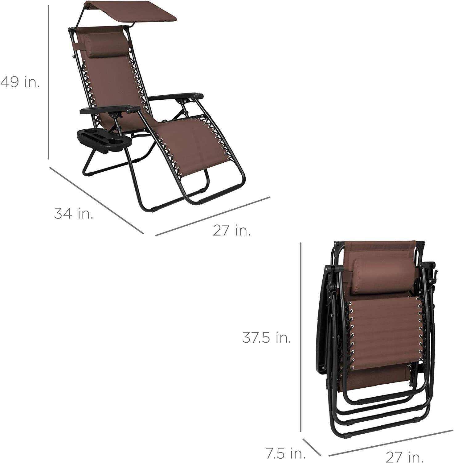 Folding Zero Gravity Recliner Patio Lounge Chair w/Adjustable Canopy Shade, Headrest, Side Accessory Tray, Textilene Mesh - Beige
