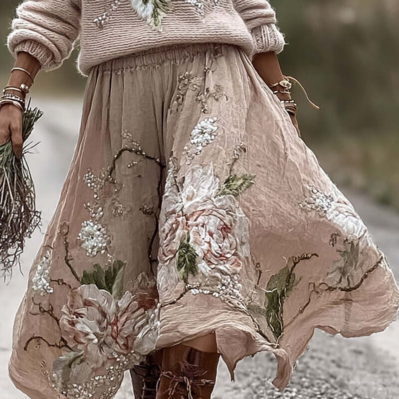 Vintage Rose In Pink Art Cozy Knit Turtleneck Sweater And Linen Skirt Two-piece Set