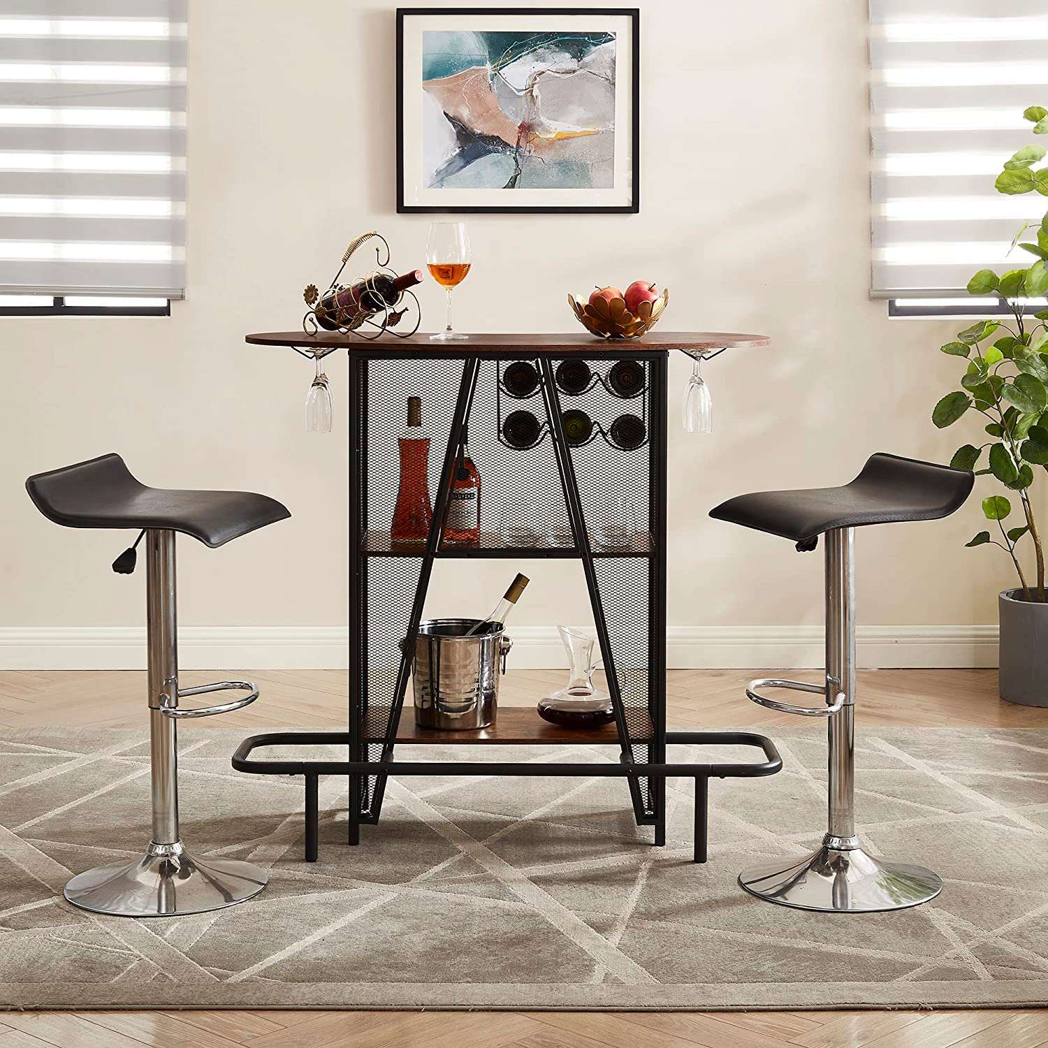 VECELO Bar Unit with Metal Mesh Front, 3-Tier Wine Rack Table with Glasses Holder