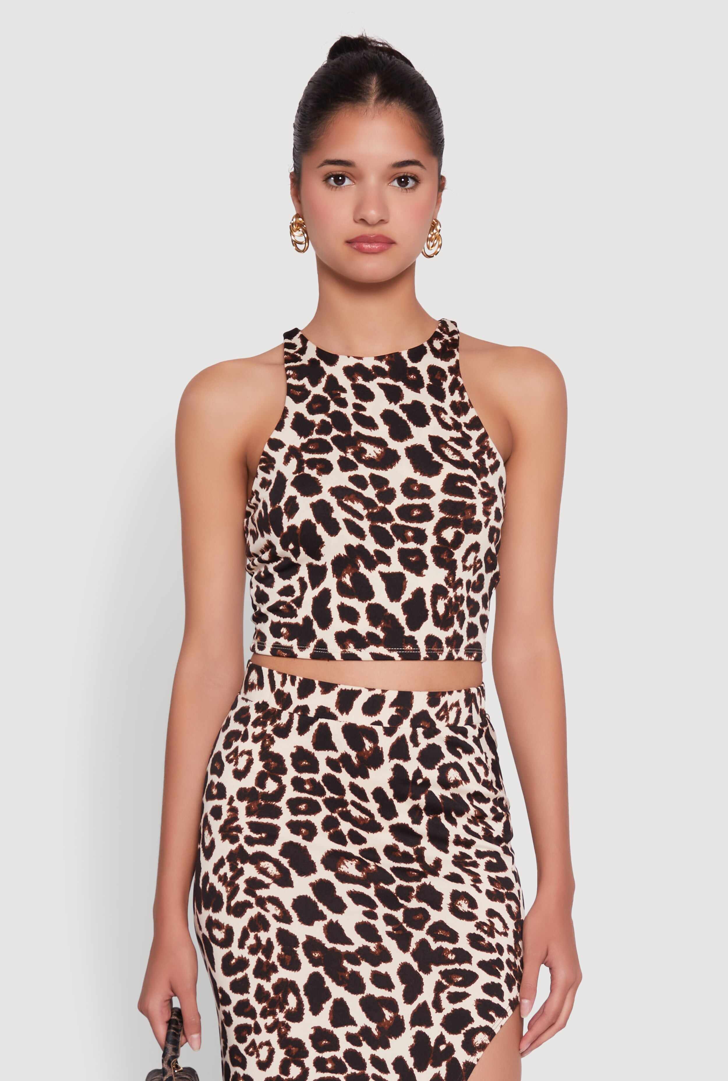 Trendy Animal Print High Neck Cropped Tank Top