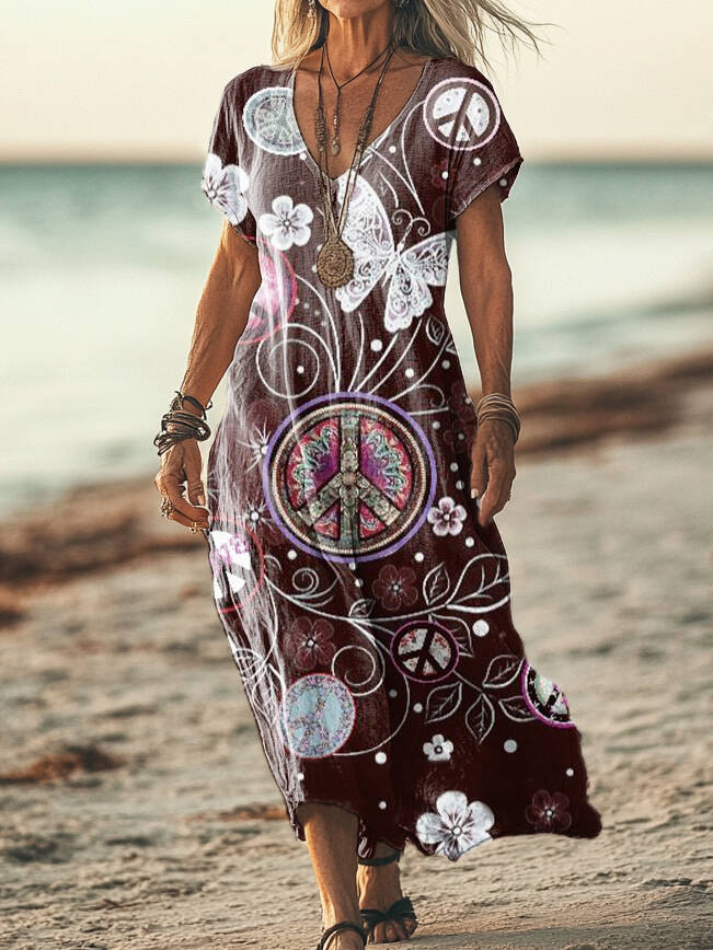 Women's Hippie Butterfly Art Print Pocket Cotton Dress
