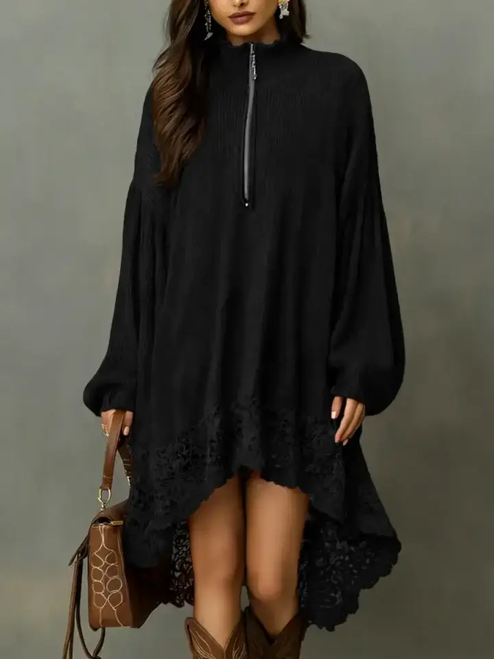 🔥Summer Arrivals🌟Women's Solid Color Stand-collar Long-sleeved Casual Loose Knit Dress With Lace Trim.