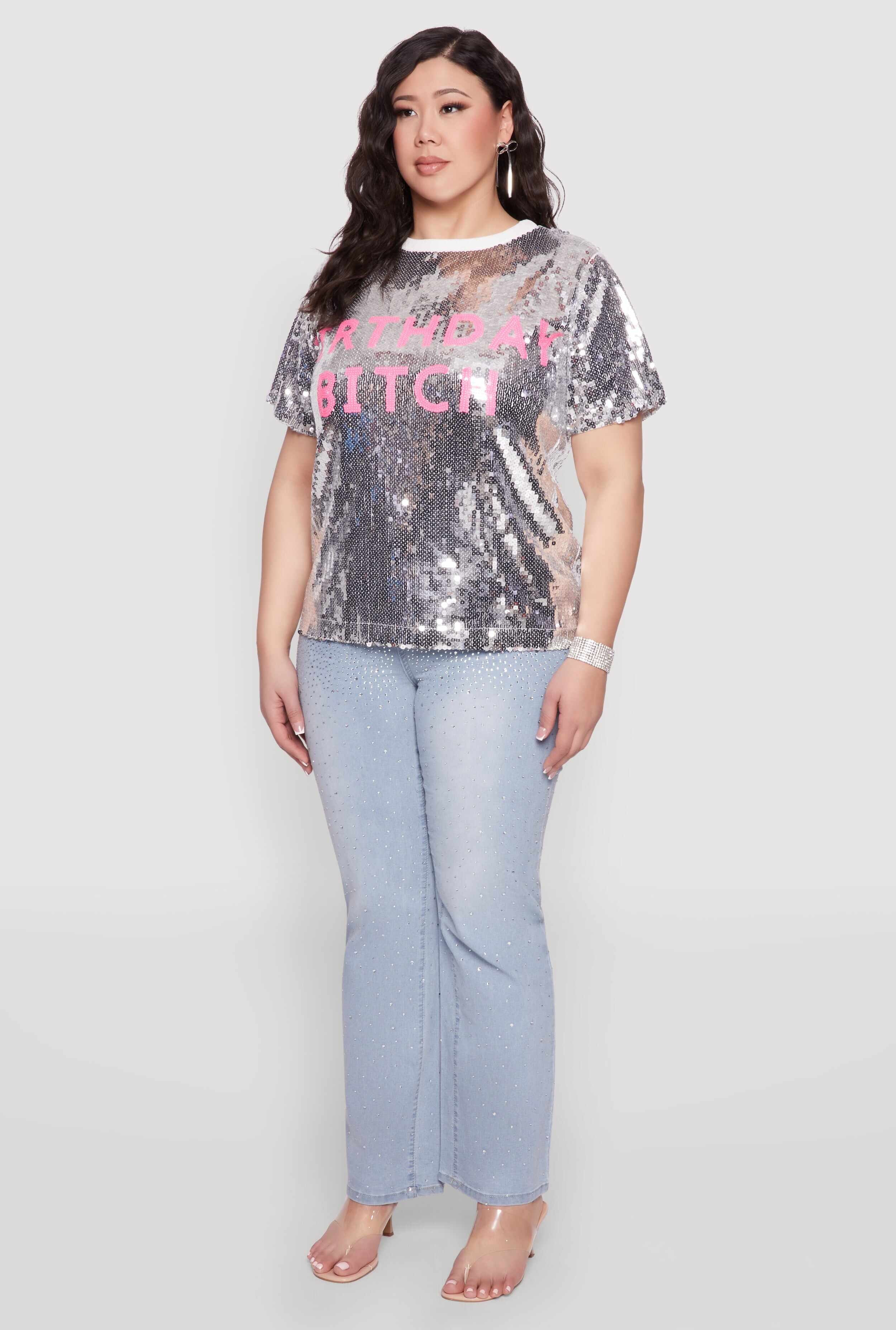 Plus Size Contrast Trim Sequin Birthday Graphic Top