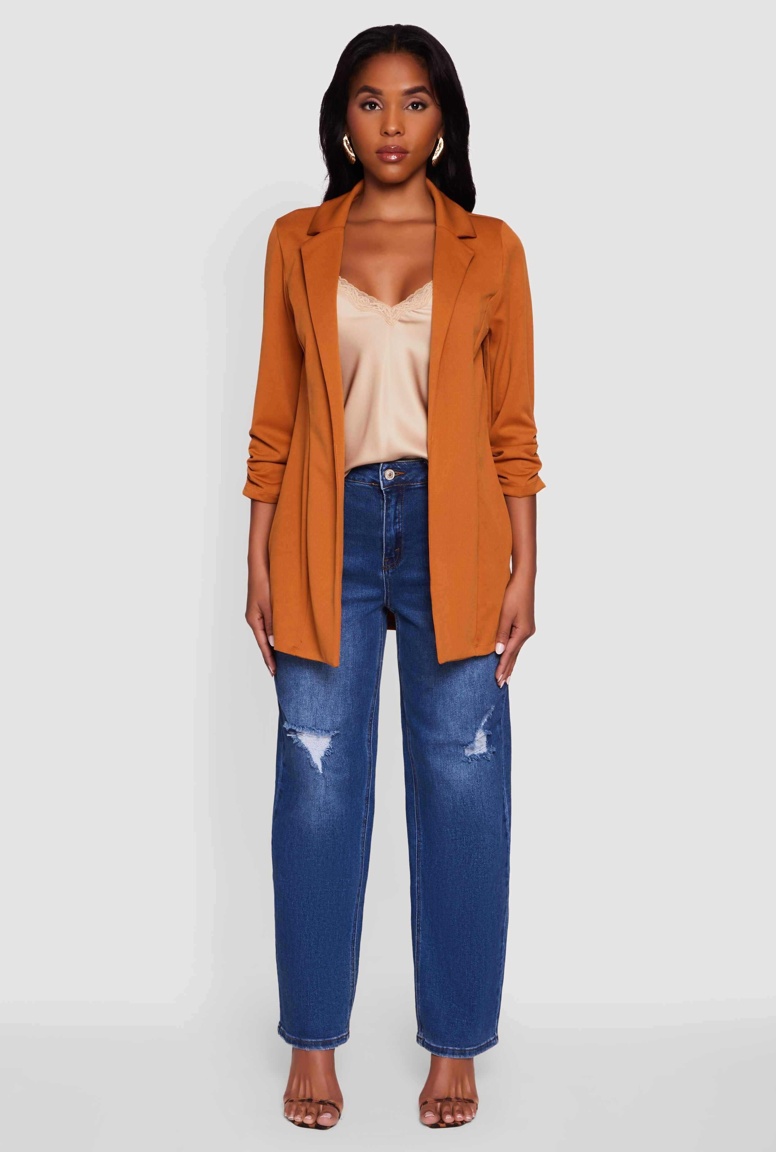 Textured Knit Ruched Sleeve Blazer
