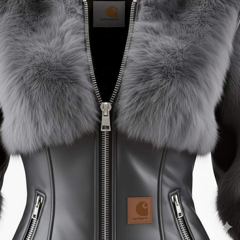 Handmade Black Leather Bomber Jacket, Grey Faux Fur Trim, Slim Fit