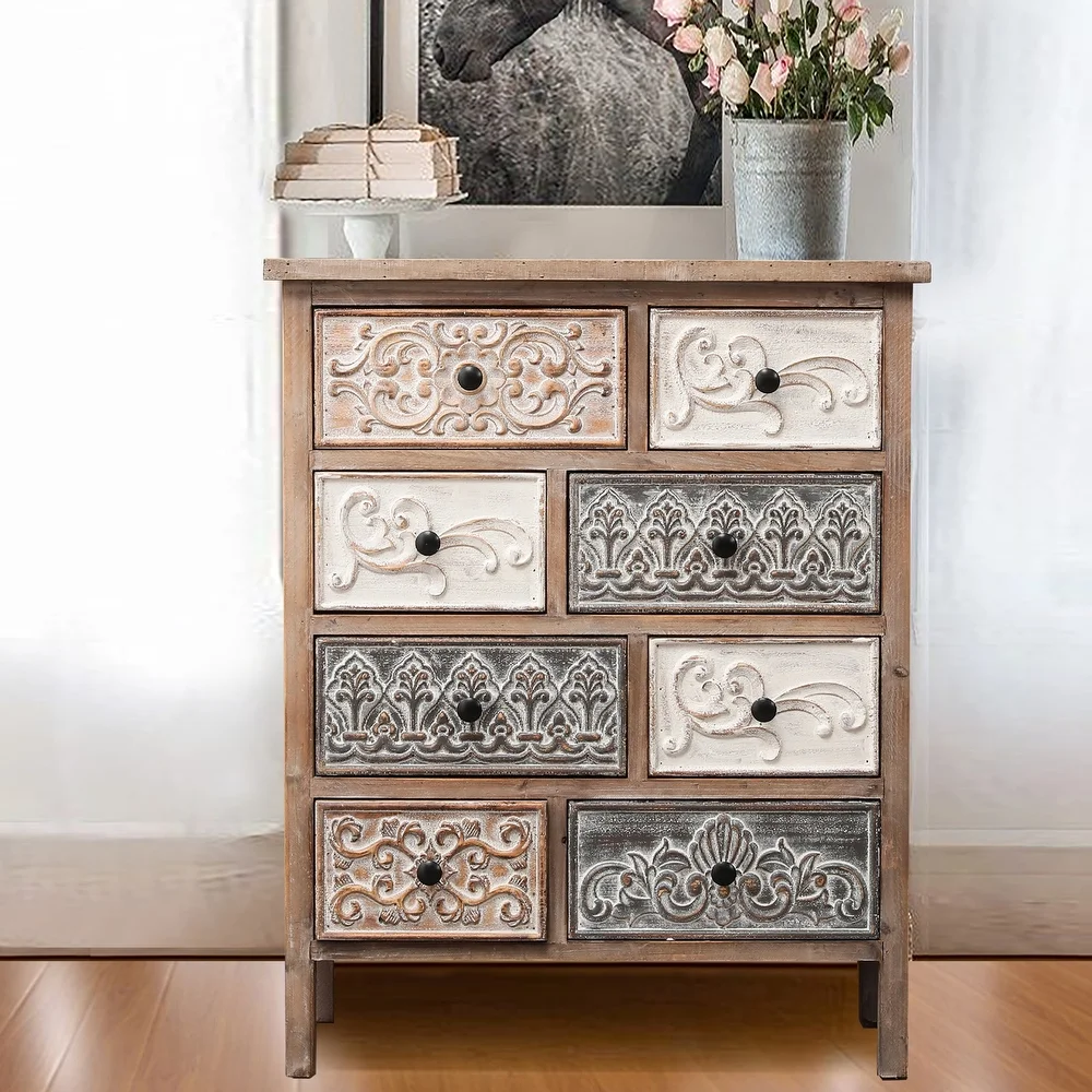 The Curated Nomad Brewa Varied Rustic Carved Wood 8-Drawer Chest - 32.09