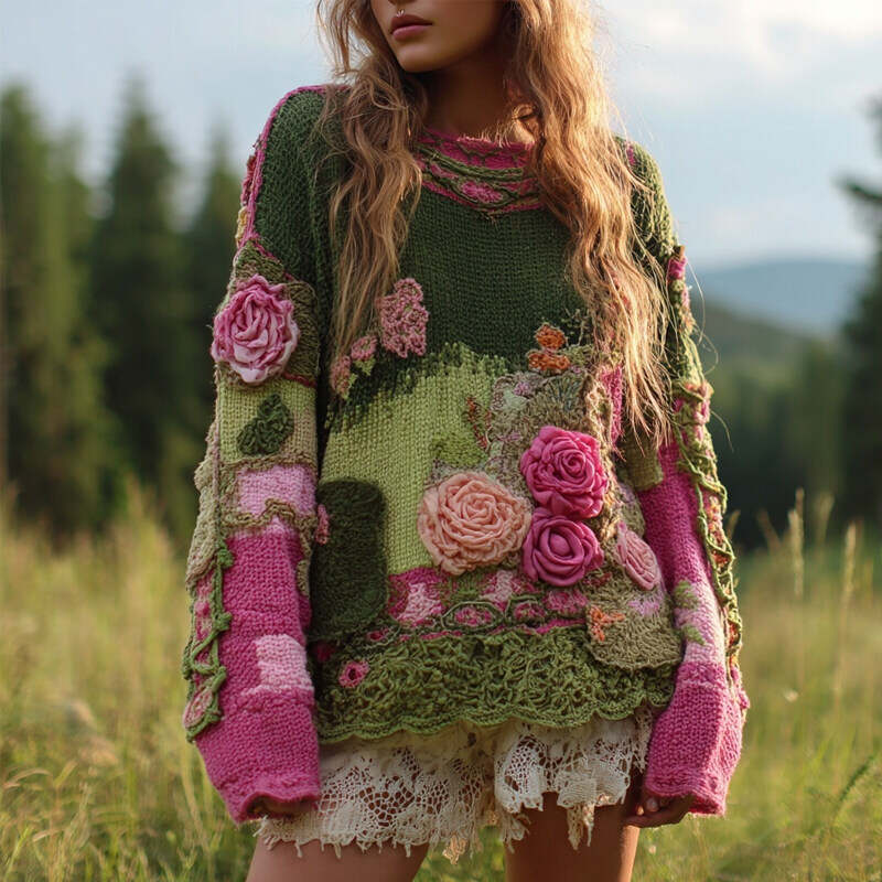 Vintage Roses Embroidered Colorblock Cozy Knitted Sweater