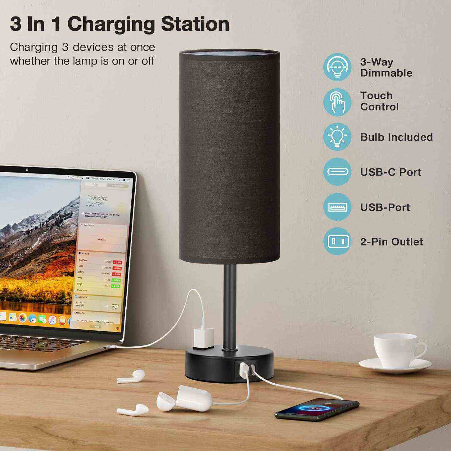 Bedside Table Lamp for Bedroom - 3 Way Dimmable Touch Lamp USB C Charging Ports and AC Outlet, Small Lamp Wood Base Round Flaxen Fabric Shade for Living Room, Desk, LED Bulb Included