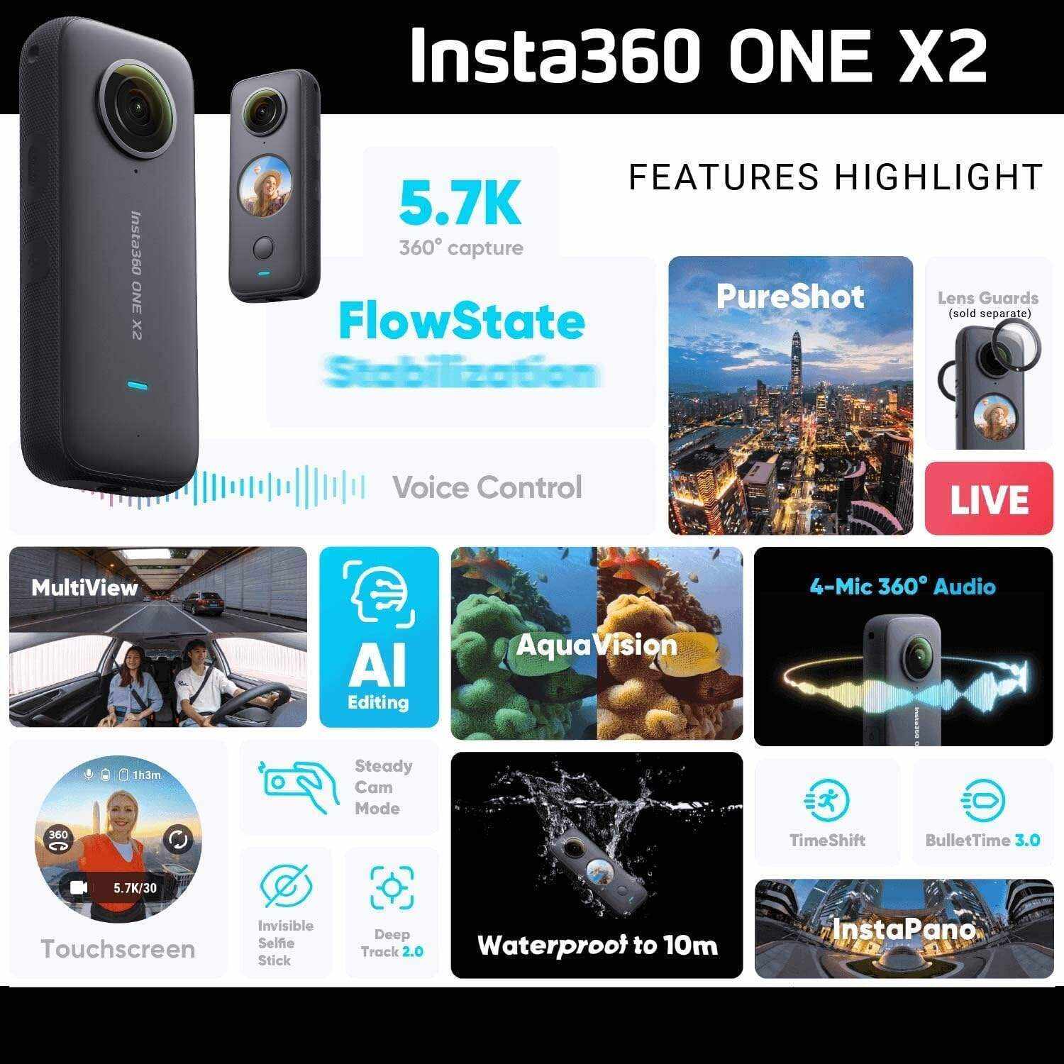 Insta360 ONE X2 360 Camera with Touchscreen - 5.7K30 360 Video, Front Steady Cam Mode, 18MP 360 Photo + InstaPano | Bundle Includes Invisible Selfie Stick (120cm) & 128GB Memory Card (3 Items)
