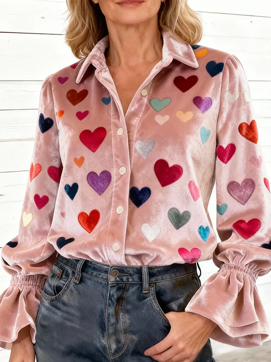 🔥Summer Arrivals🌟Women's Colorful Heart-print Casual Velvet Valentine's Day Shirt