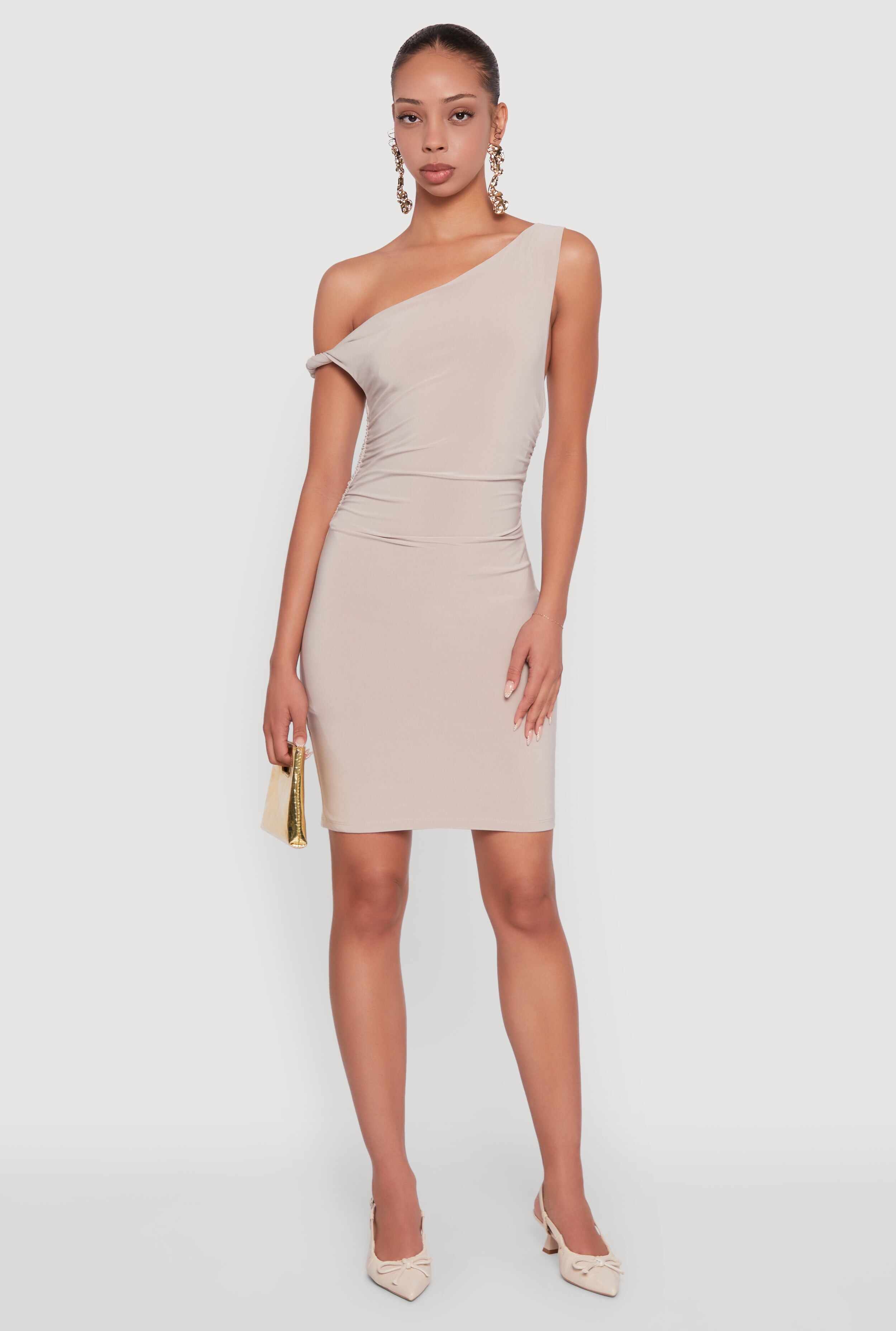 Asymmetrical Shoulder Ruched Side Mini Dress