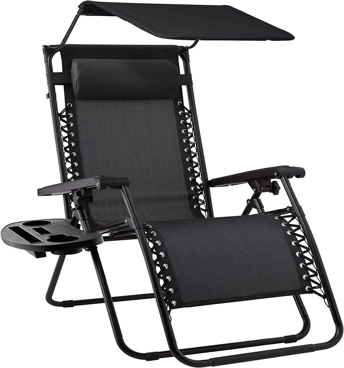 Folding Zero Gravity Outdoor Recliner Patio Lounge Chair w/Adjustable Canopy Shade, Headrest, Side Accessory Tray, Textilene Mesh - Beige