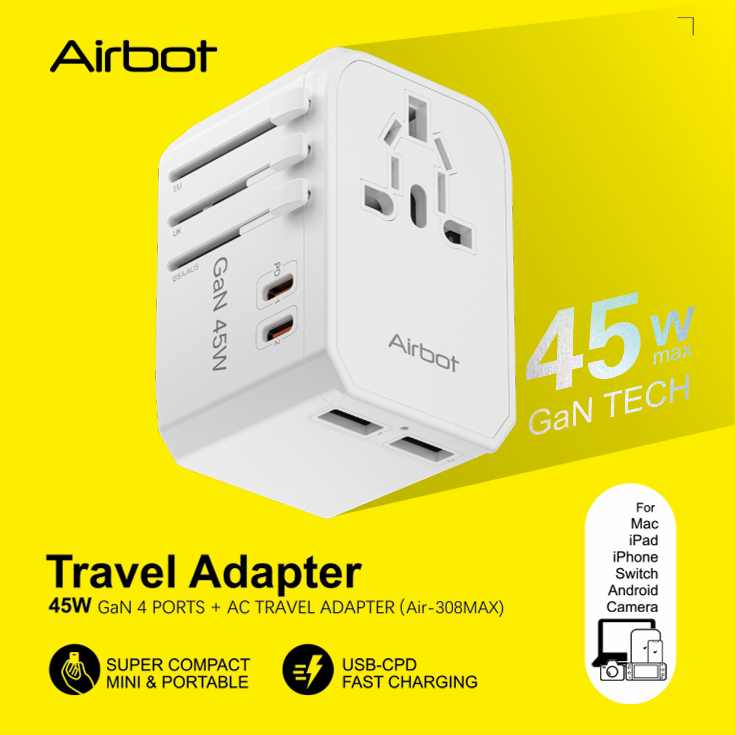 Airbot Air-308MAX Universal Travel Plug Adapter 45W International Worldwide Multi Adapter with USB + Type-C PD