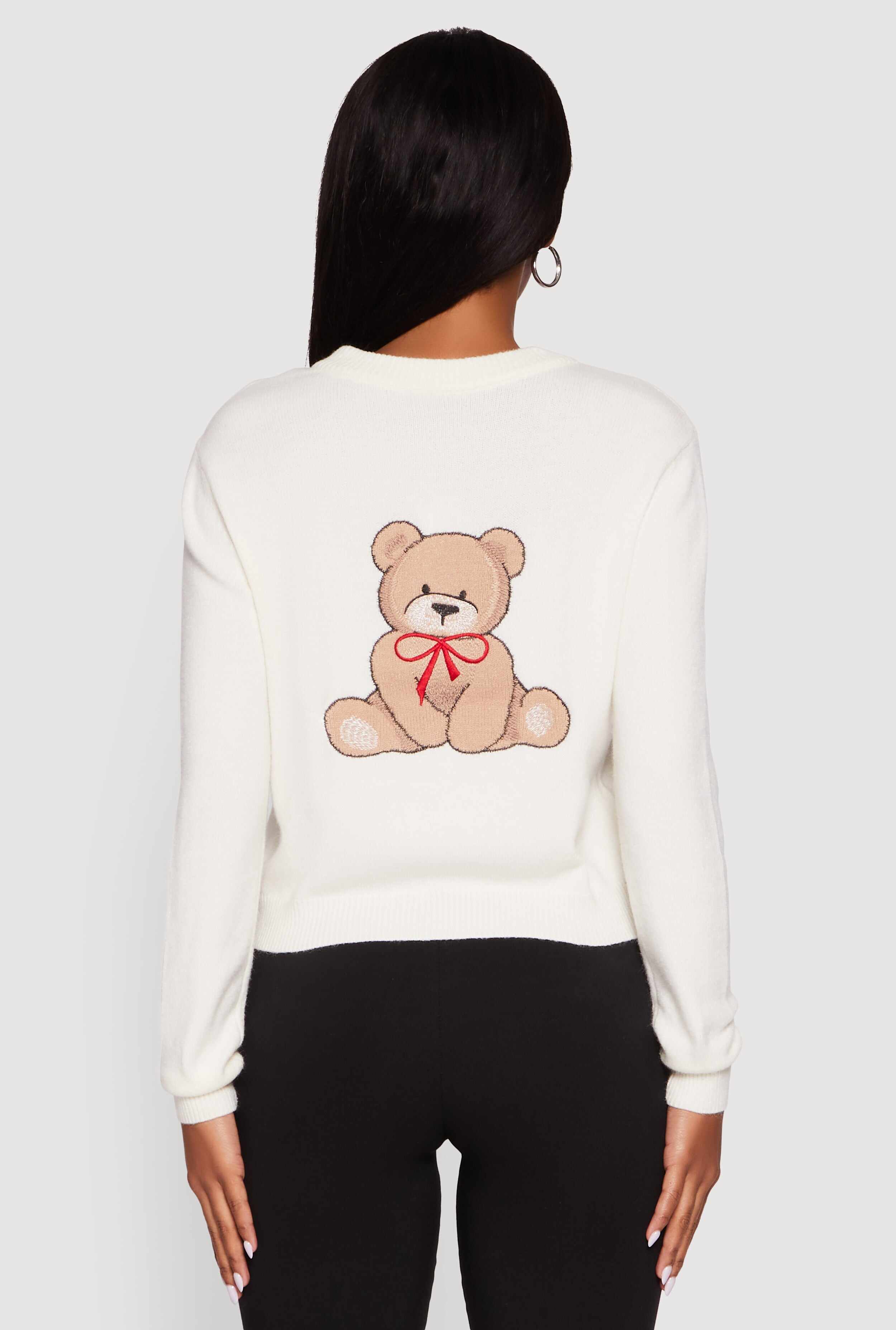 Embroidered Teddy Button Front Long Sleeve Cardigan