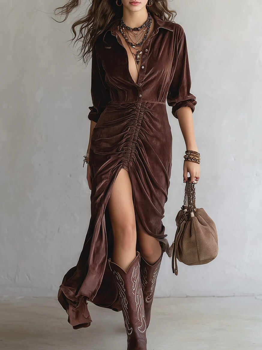 Vintage Button-stitched Pleated Velvet Midi Dress