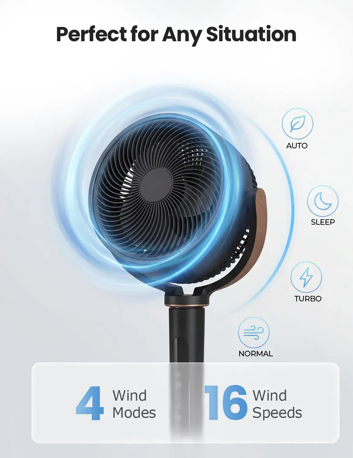TEHANLD Fan for Bedroom, 120° Oscillating Standing Fans, Quiet Floor Fan with DC Motor, 100ft Pedestal Fans for Room, 16 Speeds, 4 modes, 20dB, 37-45