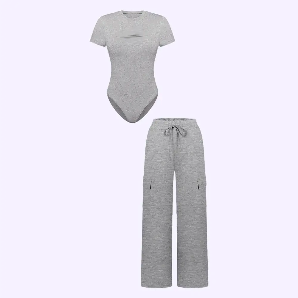 🔥Spring Fresh Sale 🎁Women's Knit Letter Print Two-Piece Set, Casual Fitted Short Sleeve Round Neck Jumpsuit & Drawstring Long Pants