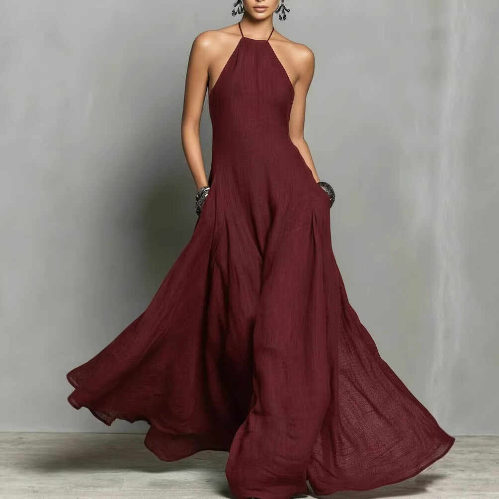 Cotton And Linen Blend Simple Backless Sleeveless Long Dress