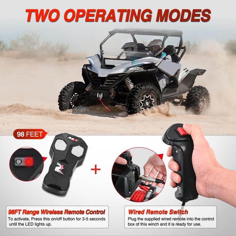 Electric Winch 12V Waterproof IP68 Towing Winches for Trailer Jeep ATV UTV Truck SUV 9500 LBS Portable Badlands Winch with Synthetic Rope Hawse Fairlead Wired Handle Wireless Remote Red Rope