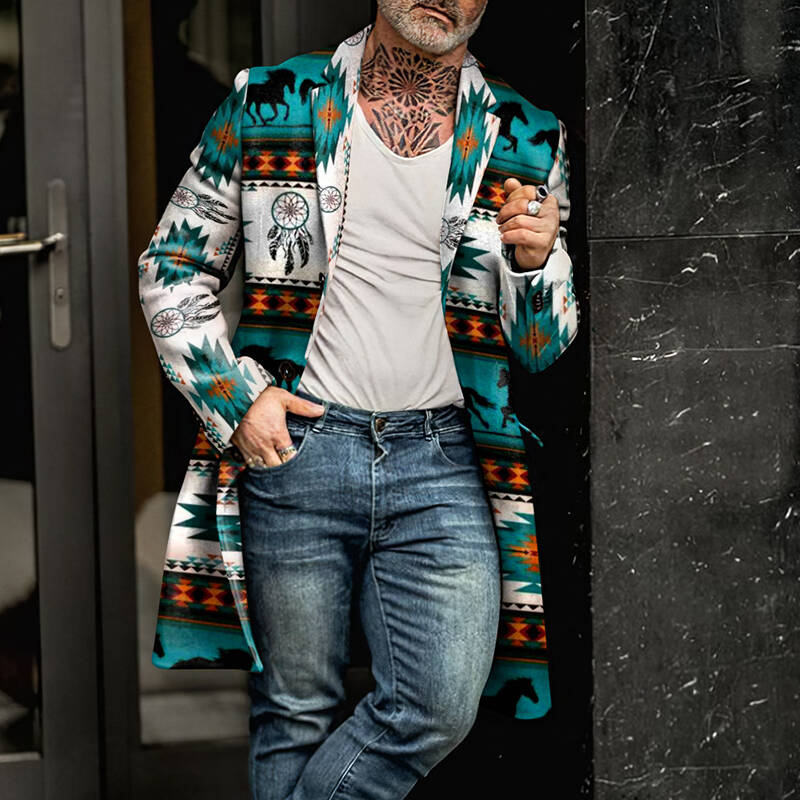 Vintage Ethnic Style Pattern Lapel Mid Length Coat