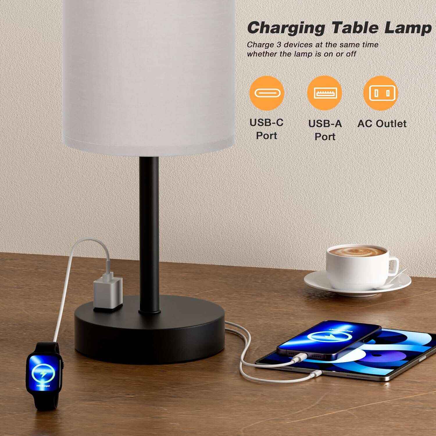 Bedside Table Lamp for Bedroom - 3 Way Dimmable Touch Lamp USB C Charging Ports and AC Outlet, Small Lamp Wood Base Round Flaxen Fabric Shade for Living Room, Desk, LED Bulb Included