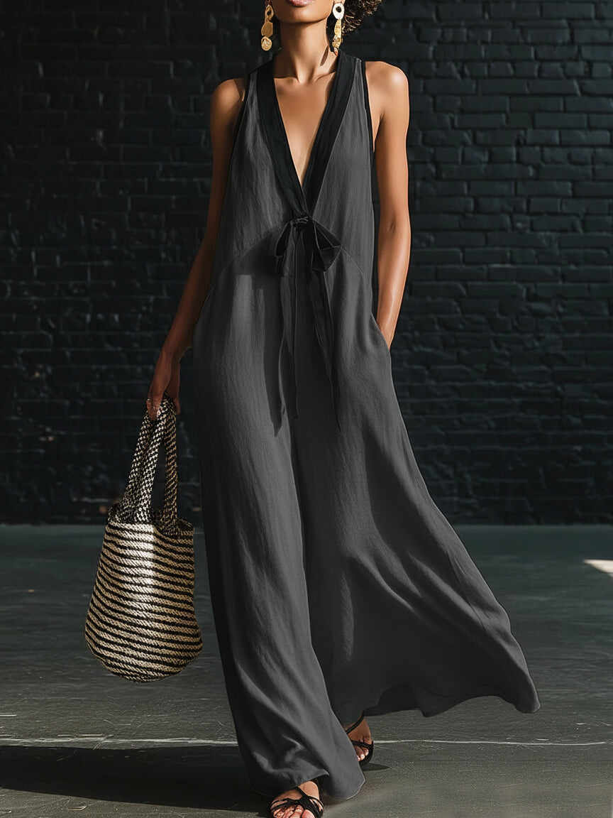 🔥Summer Arrivals🌟Classic Elegant Color-blocked Tie-neck Maxi Dress