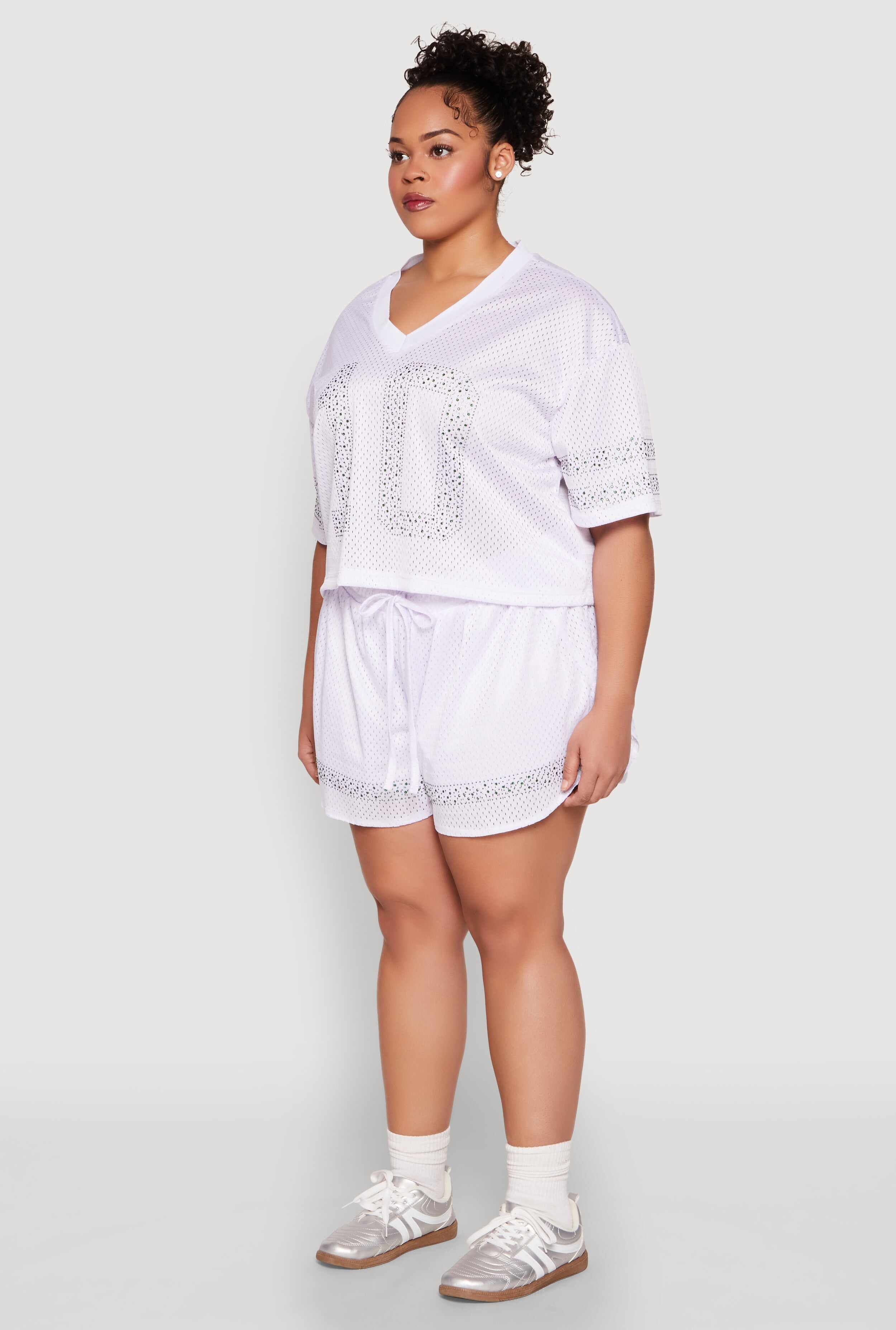 Plus Size Rhinestone Graphic Print Mesh Jersey