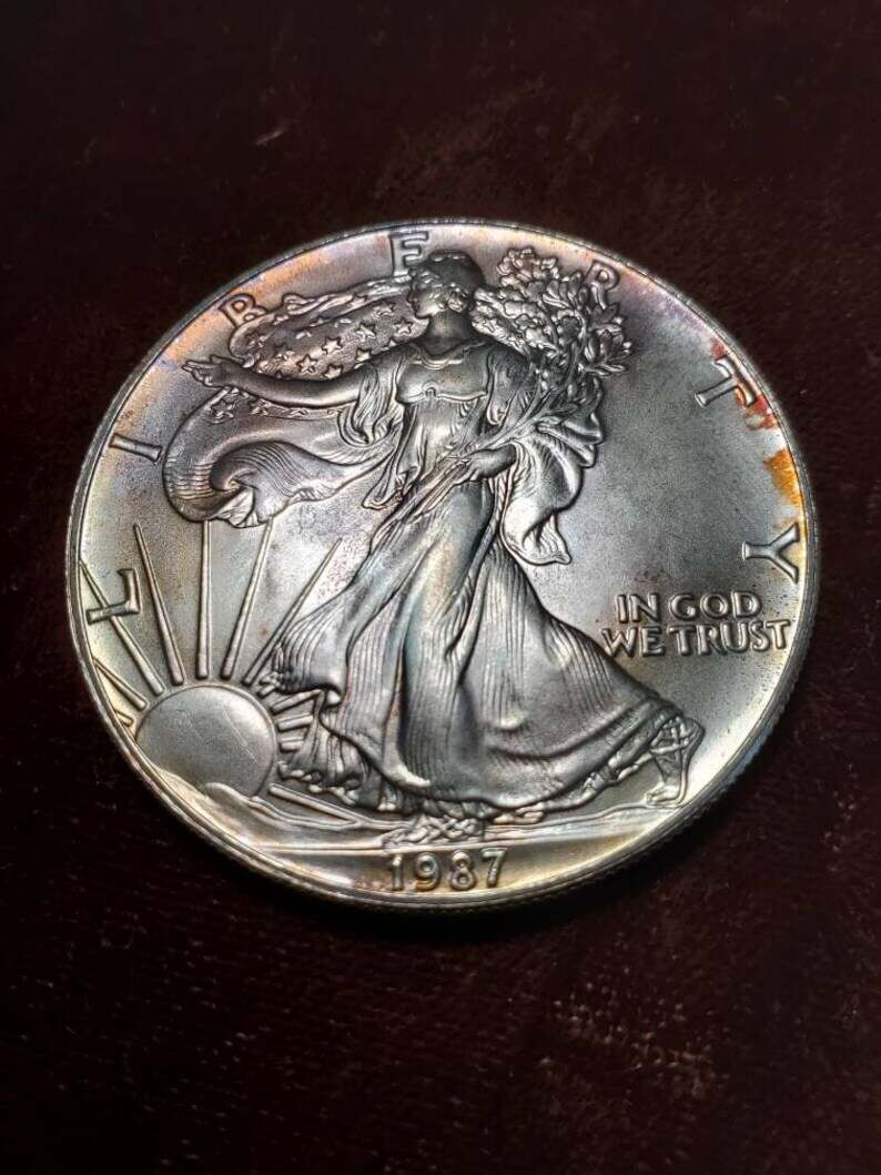 1987 American Silver Eagle BU  -  1 Oz .999 - Nice toning - Includes airtight capsule-  Lot# 475