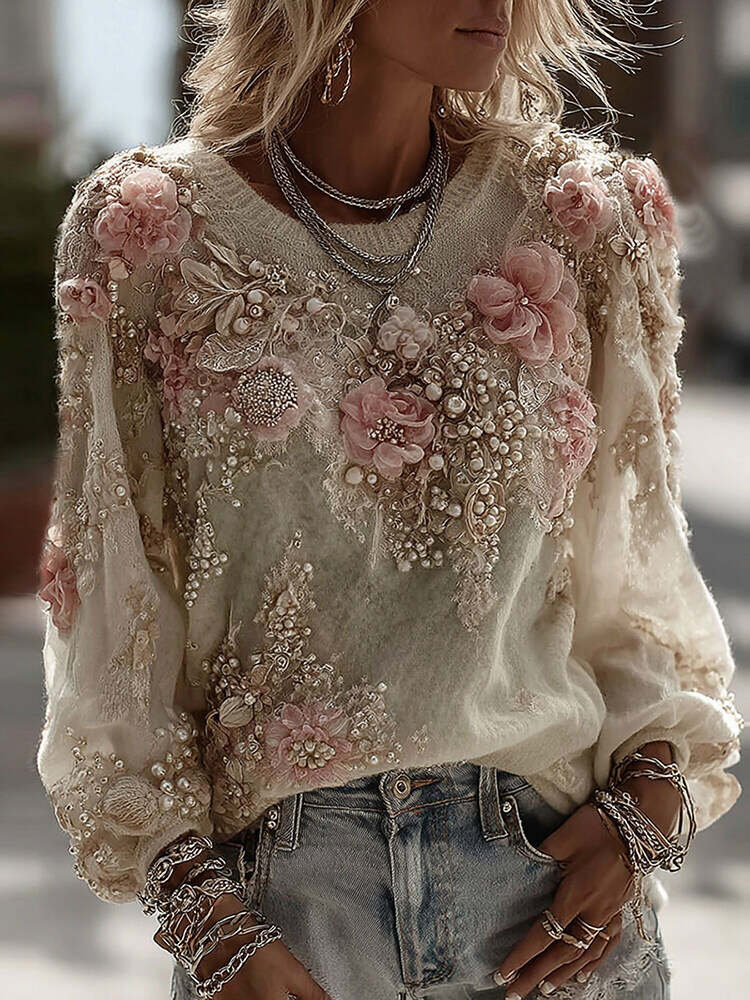 Women's Retro Rose Floral Art Cozy Casual Sweater