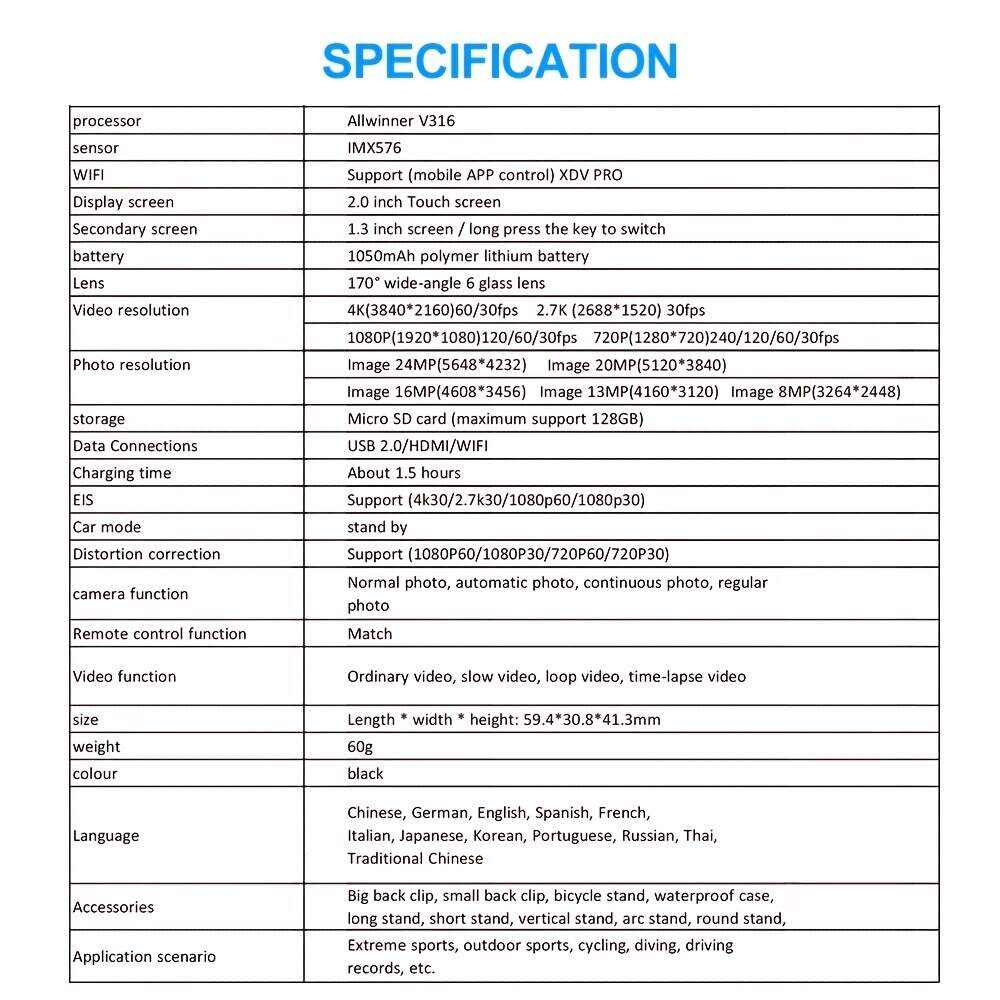 4K/60fps Touch Screen Hd Screen 170 Degree Wide Angle Unwaterproof 1181.1inch WiFi Action Camera With Remote Control Max Support 128GB Memory Card (not Included Sd Card )