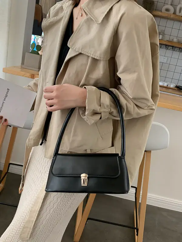 Minimalist Lock-Detail Leather Shoulder Bag