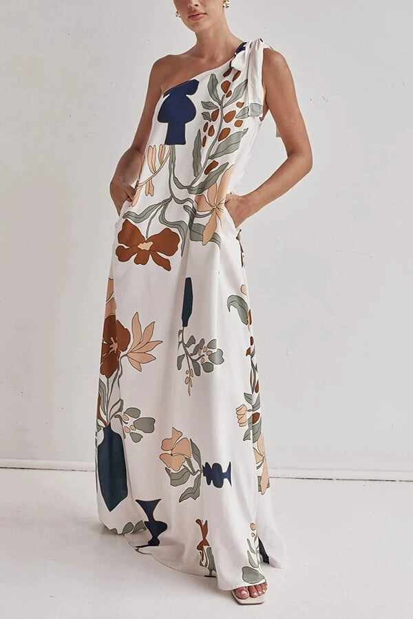 Printed One-Shoulder Maxi Dress